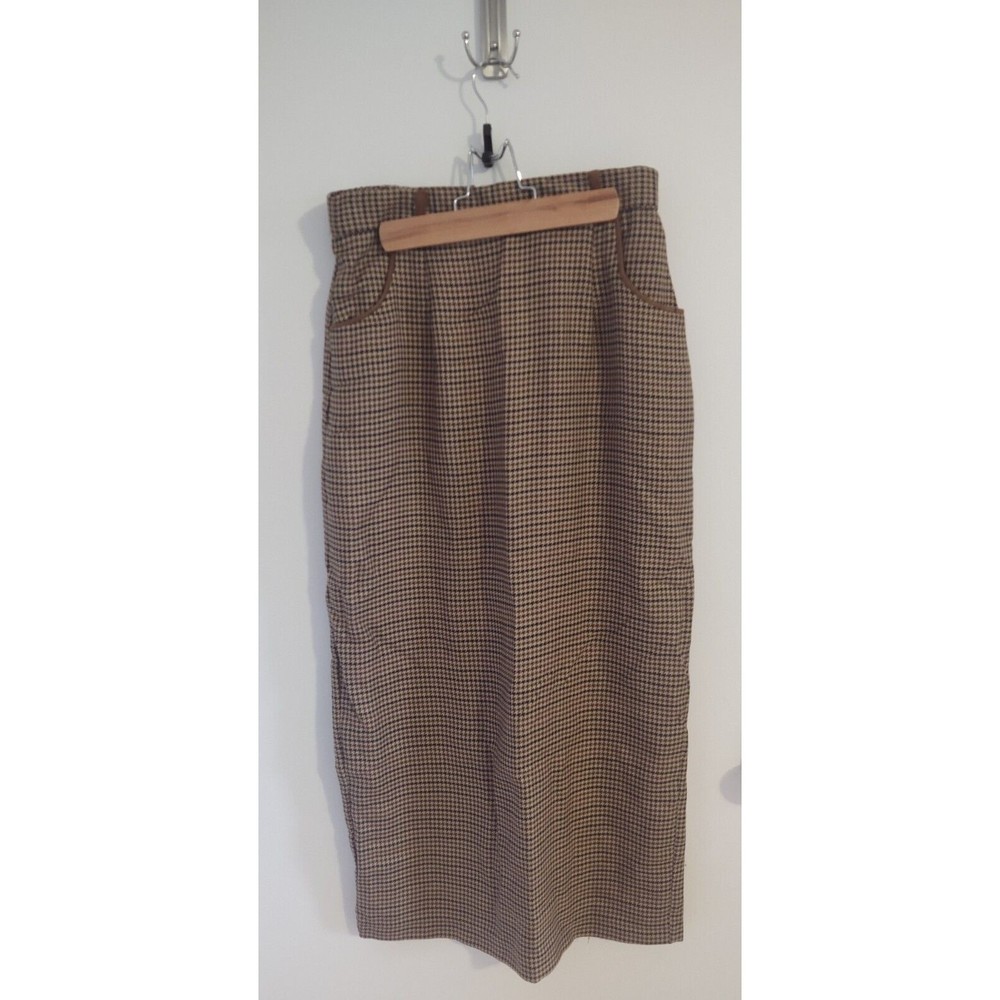 Vintage Lindsey Scott Brown Houndstooth Midi Pencil Skirt Size 10